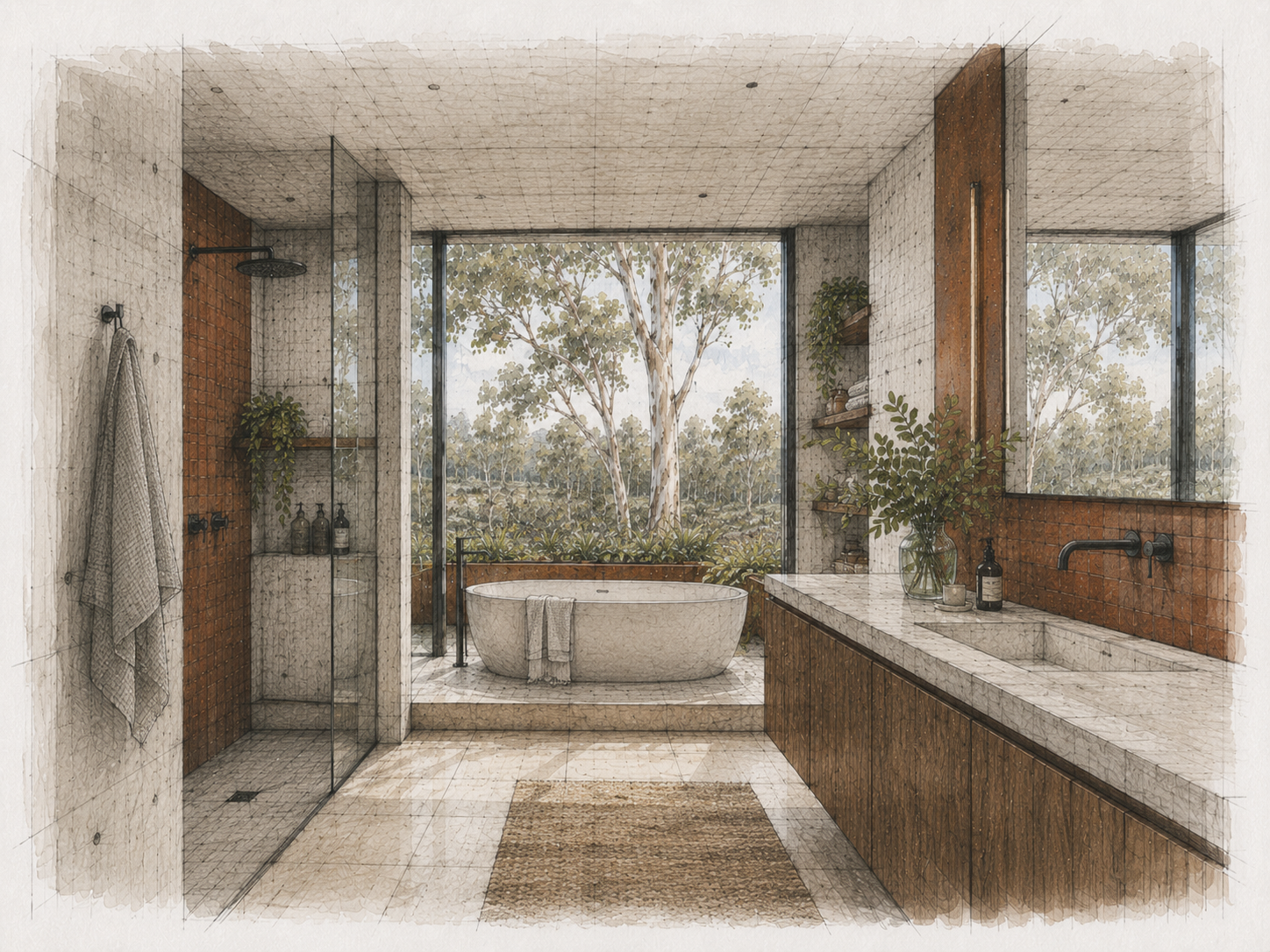Architectural bathroom study with bath, shower, timber, and landscape view